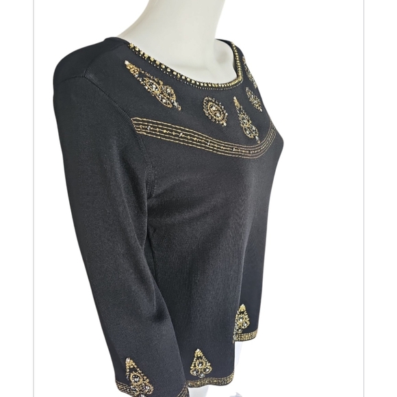 Joseph Black and Gold Embellished 3/4 Sleeve Blouse - Picture 6 of 7